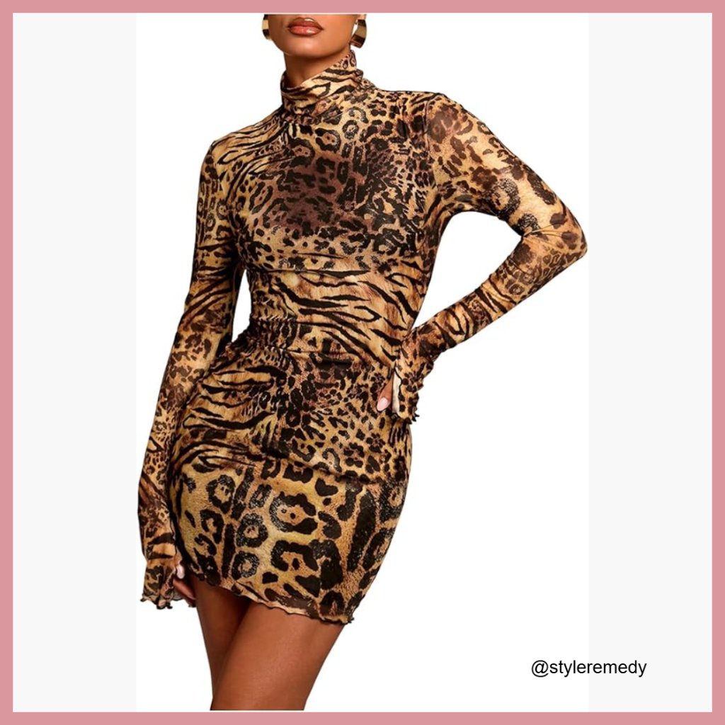 Mesh Y2k Rave Club Dress Long Sleeve Turtleneck Mini Bodycon Polyester Blend